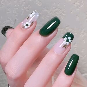 Green Press On Nails Medium  Coffin tip  24Pcs Green White floral press on nails